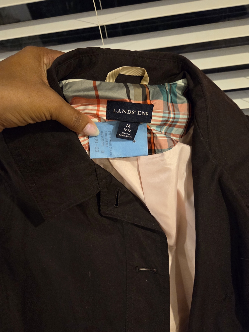 Lands' End Men's Brown Raincoat with Pink Lining and Plaid Yoke